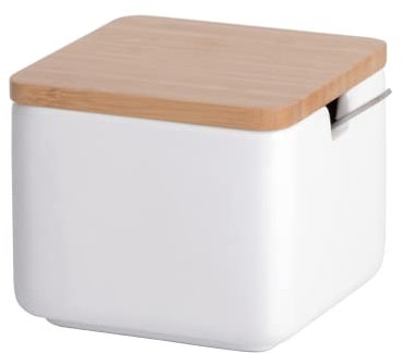 KOOK TIME Keramik Zuckerdose mit Löffel und Deckel aus Bambus -Zuckerlöffel für Haus und Küche, moderne Kugelform, für Zucker, Käse, Gewürze, 10 x 10 x 9 cm (Weiß Quadrat)