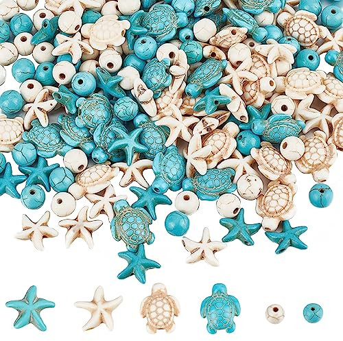 SUNNYCLUE 6 Stränge 180~200 Stück Schildkröten Perlen Schildkröten Charms Seesterne Weiß Blaue Perlen Bulk Synthetik Türkis 8 mm Runde Perlen Sommer Ozean Meer Tier Perlen Für Die Schmuckherstellung P