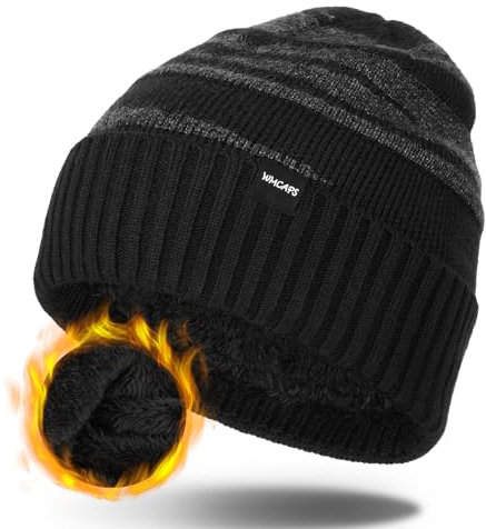 Wmcaps Wintermütze Herren, Thermo Winter Beanie Mütze Herren und Damen, Weiche Wollmütze mit Bündchen, Gestreifte Strickmütze Warme Stretchy Dickem Plüsch Mütze Männer(Schwarze)