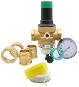 MD technic Druckminderer Set bestehend aus Honeywell/Resideo Druckminderer, Afriso Manometer und Teflon Gewindedichtband (1/2 Zoll)