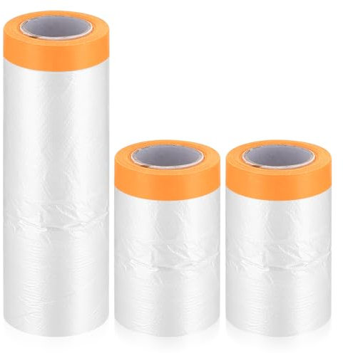 Films de Masquage avec Ruban Adhésif, 2 Rouleaux Masker Ruban de Masquage Peinture Meuble Transparent pour Masquer Recouvrir Bache Peinture de Protection Sol Meubles - 240 cm x 14 m/55 cm x 19 m