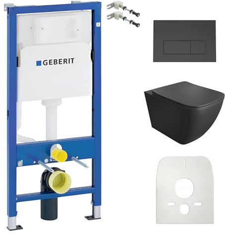 Lavita Duofix Basic Vorwandelement + Wand Tiefspül WC Onil Schwarz Spülrandlos + WC Sitz + Bedienplatte Delta 25 Schwarzer Knopf Komplettset Unterputz Spülkasten Toilette Komplett Sett WC