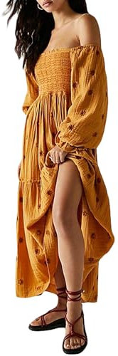 Yoisdtxc Women Summer Casual Long Dress 3D Embroidered Flowers Square Neck Puff Sleeve Dress Fashion Backless A-line Dress (C-Orange, L)