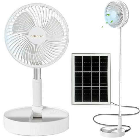 Credelin Solar Powered Outdoor Fan, Rechargeable Foldable Desk Fan with Solar Panel Battery Operated Pedestal 3 Speeds Quiet Height Adjustable Floor Fan for Home, Bedroom, Travel