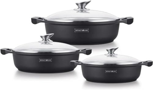 Royalty line Lot Casseroles et Poêles, 14 pièces, revêtement en marbren, Induction,Sans PFAS, Pour toutes les sources de chaleur (Noir) (Noir 3)