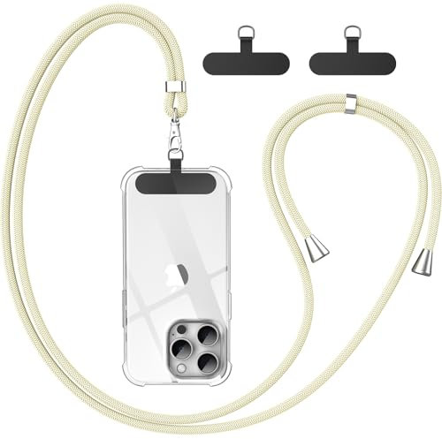 caslord Cordon Telephone Portable, Avec 2 Patchs Noirs Durables, Lanière de Téléphone Portable 1,6m Adjustable, Collier Compatibles avec Tous Les Smartphones et Plupart des Coques-Beige