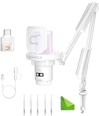 comica Wireless USB Microphone for Computer and Smartphone,48kHz/24bit RGB Cardioid Condenser Gaming Mic for Podcasting,Streaming,Recording,Music Creation,with Boom Arm Stand-White (EJoy Uni Pro A)