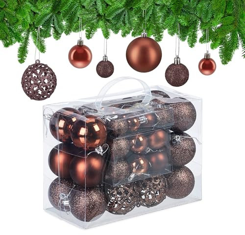 Relaxdays Weihnachtskugeln 50er Set, glitzernde, Matte & glänzende Christbaumkugeln, Kunststoff, ∅ 3, 4 & 6 cm, braun