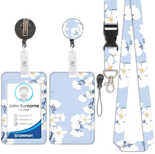 Porte-Cartes avec Cordon Fleuri Blanc, Badge D'Identification, Porte-Cartes avec Cordon, Cordon Détachable avec Clip Rétractable pour Cartes de Visite, Cartes D'EntréE, Cartes D'Identité