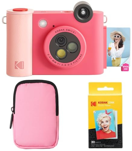 KODAK Smile+ 2-in-1 Digitale Sofortbildkamera & Bluetooth Fotodrucker Starterpaket + Weiche Tasche + Zink 20 Blatt - Fuchsia