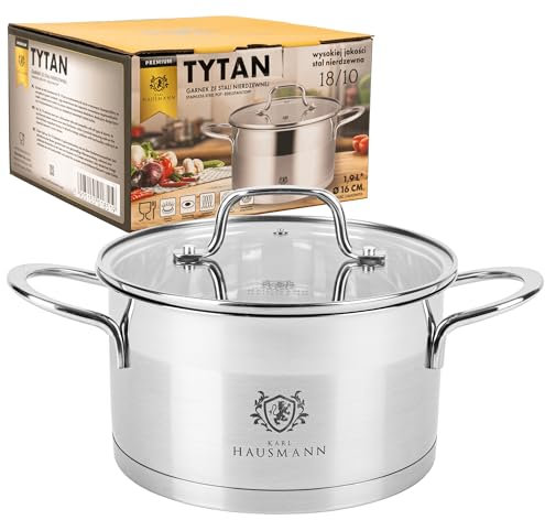 KARL HAUSMANN Faitout Inox - 1.9L - 16 cm - Marmite Induction en Acier Inoxydable 18/10 - Casserole avec Couvercle en Verre - fait tout tous feux - Faitouts Avec Échelle de Mesure - Cocotte Inox