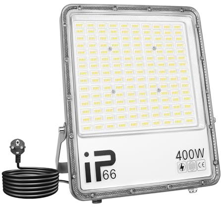 YOJZMA 1 pieza 400W Proyector LED para exteriores con enchufe de 1,5m, luces exteriores de 40000LM 6000K luz blanca IP66 luces de seguridad impermeables para jardín, garaje, patio, porche