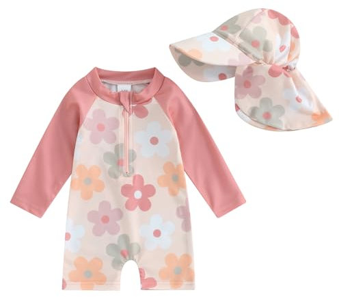 LYSINK Toddler Baby Girl Swimsuit Set One Piece Long Sleeve Zip Up Rash Guard Swimwear Sun Protection with Hat 2Pcs Bathing Suit (Ba Pink, 2-3T)