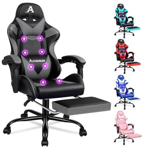 ALFORDSON Silla de Masaje para Videojuegos, Silla de Carreras con reposacabezas, Silla ergonómica de Escritorio, sillón reclinable, reposapiés Plegable, Capacidad de 180 kg, Cuero sintético, Gris