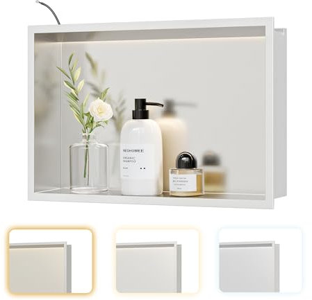 Neohomee Wandnische Dusche Edelstahl mit LED-Beleuchtung, Duschnische Einbau-Nische mit Farbtemperatureinstellung, Lagerung für Badezimmer, 45 x 30 cm