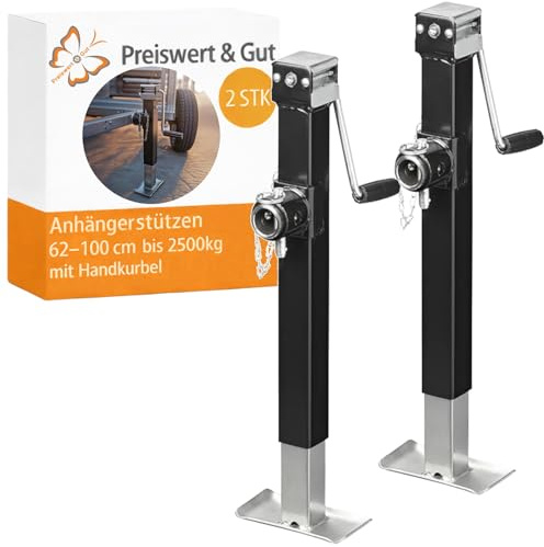 2 STK Anhänger Stützen mit Handkurbel klappbar 62 bis 100 cm 2500 kg | Ausdrehstütze und Kurbelstütze aus verzinktem Stahl, mit Sicherungsbolzen, Flansch und Adapter zum Anschweißen