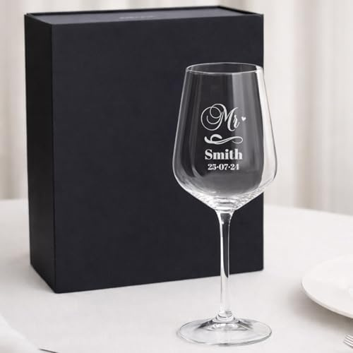 Wanapix | Verre à Vin Personnalisé | Boîte Cadeau Incluse | Cristal gravé avec le nom ou le texte de votre choix | Verres en cristal Personnalisé avec gravure | Mr