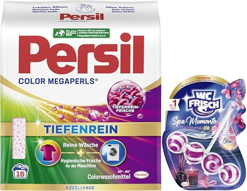 PERSIL Color Megaperls (16 WL) - Colorwaschmittel mit Tiefenrein-Frische - Waschmittel für reine Wäsche & hygienische Frische - 20 °C bis 60 °C & WC FRISCH Spa Momente Harmonie Toilettenstein