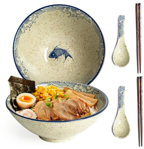 Niturceal Ceramic Ramen Bowl Set of 2, 40oz Japanese Noodle Bowls with Spoons & Chopsticks Porcelain Large Soup Bowl for Pho, Udon, Retro Style Tableware Microwave & Dishwasher Safe, Fish