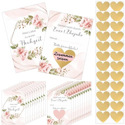 Clabby 12 Sets Rubbelkarten Hochzeit Hochzeitsgeschenk Enthalten 12 Rubbellose und 12 Herzaufkleber Gemeinsam Durch Euer 1. Ehejahr Hochzeitsspiel für Brautpaar als Gutscheine für Braut Bräutigam