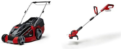 Einhell Tondeuse à gazon sans fil GE-CM 43 Li M KIT Power X-Change (36V, Largeur de coupe 43 cm, Surface conseillée 500 m²) avec 2 Batteries 4,0 Ah et Chargeur + Coupe-bordures sans fil GE-CT 18/28 Li