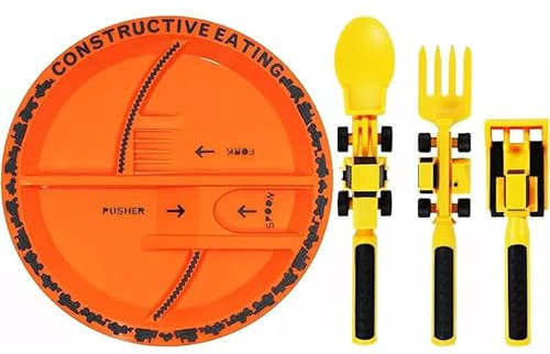 Niños Cubiertos Tenedor Cuchara Pala Set Constructiva Comer Utensilio Vajilla ((Naranja) Juego Plato+Tenedor Cuchara)