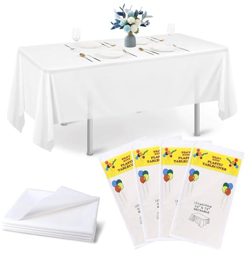 4 Stück Einweg Tischdecke, 137 x 183cm Weiß Tischdecke | wasserdichte Biologisch Abbaubar Einweg Tischdecken aus Kunststoff für Hochzeit Party Grillen Picknick