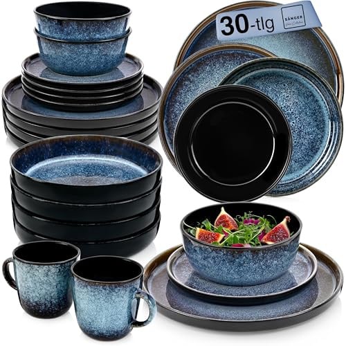 SÄNGER Osaka | Kombiservice 6 Personen, Teller Set Kaffeebecher Pastaschale 30 tlg, Steingut Geschirr Set spülmaschinen- mikrowellen- kratzfest, Geschirrset blau mit schwarzem Rand | VALUE COLLECTION