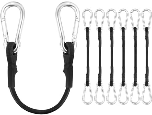 Flintronic Bungee Cords with Hooks, 6Pack 10mm*20cm Adjustable Bungee Cords with Carabiner, Heavy Duty Rubber Black Bungee Straps with Metal Buckle Hooks for Outdoor, Bike, Camping, Tarps, Tent