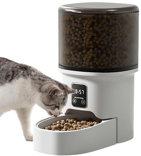 Distributore Automatico Cibo Gatti, Dispenser Programmabile per Cani e Gatti, Orari di Mangiatoia Personalizzati per gatti e cani di piccola taglia, da 1 a 6 pasti al giorno (Bianco e nero)
