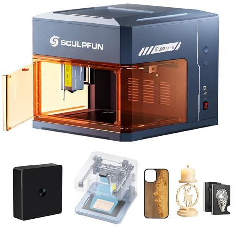 SCULPFUN iCube Ultra 12W Laser Graviermaschine mit iCAM Kamera, Pin Punkt Positionierung, Laser Cutter mit Rauchfilter, Gravurwerkzeug für Metall/Glas/Holz, Arbeitsbereich 150x150mm