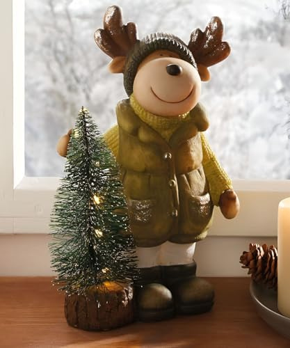 Dekoleidenschaft Dekofigur Elch mit Tanne mit LED Beleuchtung, Polyresin, 25 cm hoch, Weihnachtsdeko, Leuchtdeko, Winterdeko