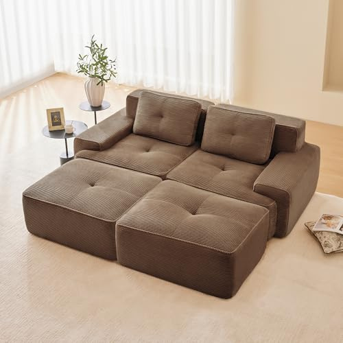 Dolamaní Boneless Modular 2-Sitzer-Sofa + 2 Hockern Cord, montagefrei, Tiefem Sitz, modernes Ecksofa Eckcouch Couch für Wohnzimmer/Schlafzimmer/Büro/Wohnung (Braun)