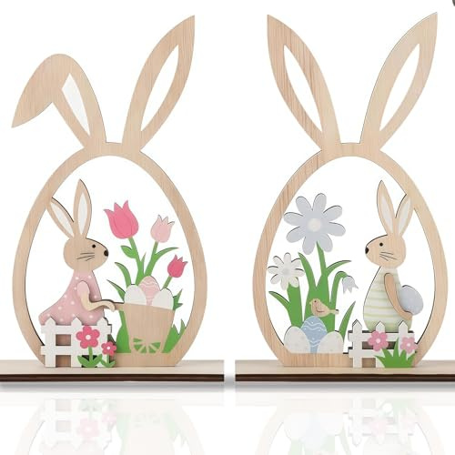 Wooden Table Easter Decorations Bunny Sign Set Spring Decor with Egg Rabbit Ornaments for Tiered Tray Dining Table Shelf Mantel Home Party Easter Decorations Indoor Gift