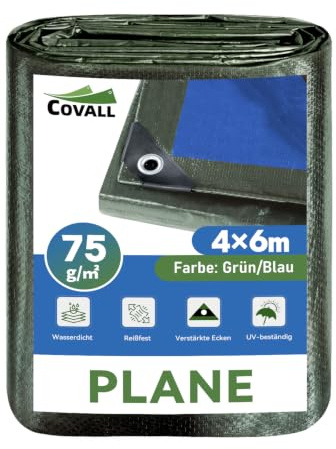 COVALL Lona Impermeable Reversible 4mx6m,75g/㎡ Doble Color Resistente UV | Resistente a rayos UV y roturas,ojales metálicos antioxidantes,multiuso para coche,camping,madera y protección de tejados