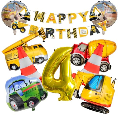 Bagger Deko Kindergeburtstag 4 Jahre–10 PCS Baustellen Geburtstag Deko Set Happy Birthday Banner, 32 Zoll Gold Zahl 4 Folienballon, Baggerballons & XXL Straßensperren Balloon für Jungen und Mädchen