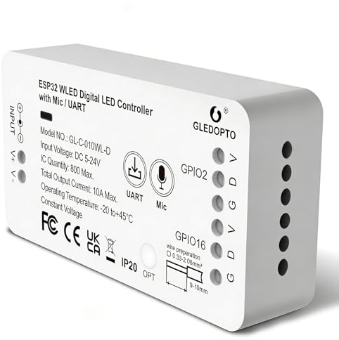 ESP32 WLED Controller, DC 5V-24V Digital LED Strip Controller, Digital LED Strip Light Controller Mic Download Steuerung Vielseitig Für RGB/RGBW LED-Streifen DC5-24V WS2811 GS8208 SM16703P SK6812