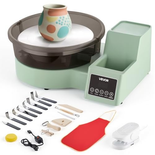 VEVOR Tornio Ceramica 450W, Piatto Girevole in Alluminio 28cm, Macchina Rotante per Ceramica Elettrico da Tavolo, velocità Regolabile da 30 a 300 Giri/min, Vasca Rimovibile Principianti Adulti Verde