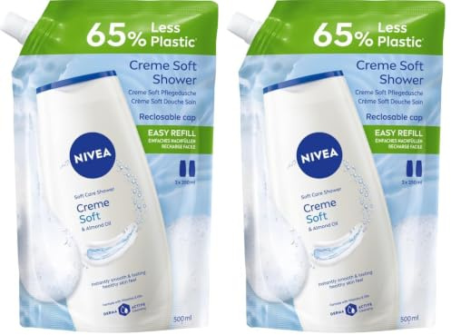 NIVEA Ricarica Bagnodoccia Creme Soft 500 ml, Ricarica ecologica di bagnoschiuma in crema detergente e idratante, Crema docciaschiuma arricchita con Olio di Mandorla, Vitamine C, E e Oli Nutrienti