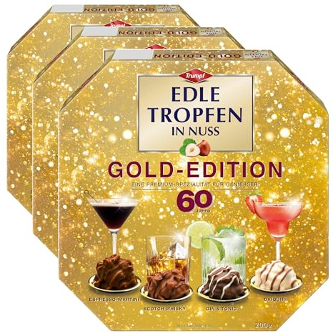 Edle Tropfen in Nuss Gold Edition, 60. Jahre Jubiläum, 200g, 4 Sorten flüssig gefüllte Schokoladen-Pralinen mit Alkohol, Zuckerkruste und Haselnuss-Splittern (Packung mit 3)