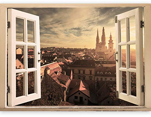 murando ILLUSIONE OTTICA 3D Carta da parati sulla fliselina Carta da parati in TNT Quadri murali Fotomurale Finestra Citta 70x50 cm