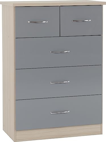 Kelsey Stores Nevada 3 Plus 2 Chest Of Drawers 5 Drawer Chest (Grey Gloss/Light Oak Effect Veneer)