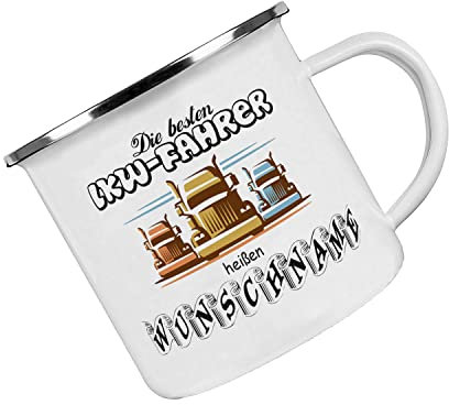 Crealuxe Emaille Tasse Die besten LKW Fahrer heißen Wunschname - Kaffeetasse mit Motiv, Campingtasse, bedruckte Emailletasse mit Wunschtext, Wunschname, Spruch oder Bildern