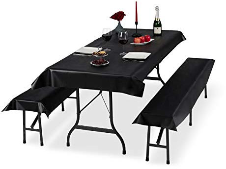 Relaxdays Bierzeltgarnitur Auflage, 3er Set, Biertisch Tischdecke 250x100cm, 2 Bierbankauflagen, abwaschbar, schwarz