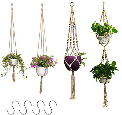 Nsiwem Blumenampel Seil 4 Stück Makramee Baumwollseil Hängeampel Blumen hängetopf Blumentopf Pflanzen Halter Aufhänger Wandbehang Pflanzer Korb mit S-förmiger Haken