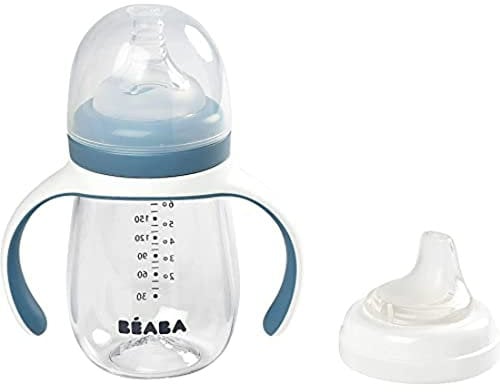 BÉABA, Biberon/Tasse d'apprentissage 2 en 1, Tasse Paille Enfant, 100% étanche, Anti-fuite, Facile à Ouvrir, Poignées amovibles, Tritan et Silicone, 210 ml, Windy Blue