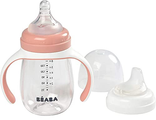 BÉABA, Biberon/Tasse d'apprentissage 2 en 1, Tasse Paille Enfant, 100% étanche, Anti-fuite, Facile à Ouvrir, Poignées amovibles, Tritan et Silicone, 210 ml, Rose