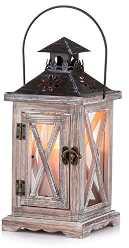 Sziqiqi Laterne Kerzenhalter Vintage Windlicht Laterne Holz Metall Dekorative Windlichthalter für Draußen Rustikale Hochzeit Herzstück Hängende Laterne Bauernhaus Innen Außenlaterne Dekor 28cm