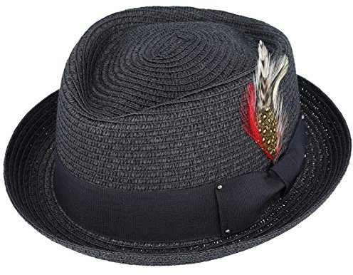 MAZ Summer Straw Diamond Crown Pork Pie Hat - with Adjustable String (X-Large, Black)