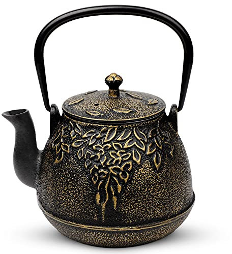 Toptier Japanese Cast Iron Teapot with Stainless Steel Tea Infuser, Durable Cast Iron Kettle Set, Retro Design Tea Kettle Coated with Full Enameled Interior (40 oz / 1200 ml, Black)